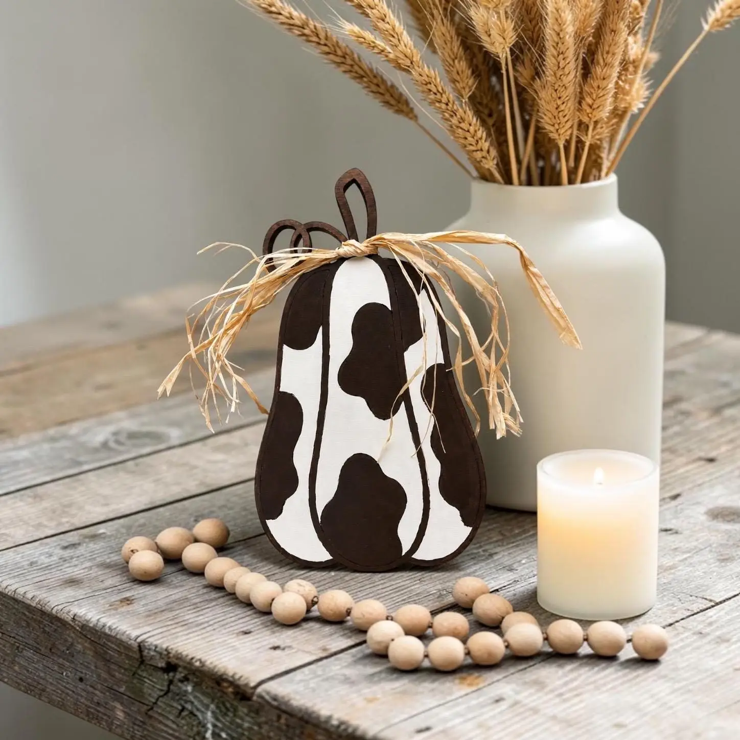 Hand-Painted Cow Print Pumpkin Shelf Sitter | Maple Plywood Farmhouse Fall Decor - Image 3
