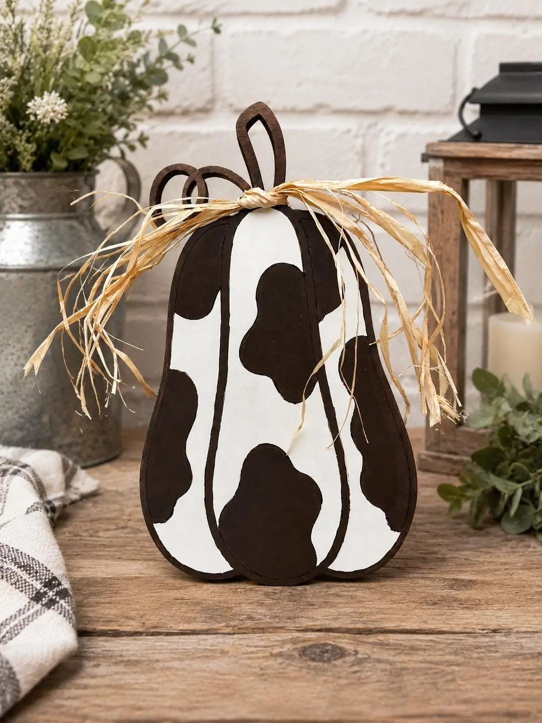 Hand-Painted Cow Print Pumpkin Shelf Sitter | Maple Plywood Farmhouse Fall Decor - Image 4
