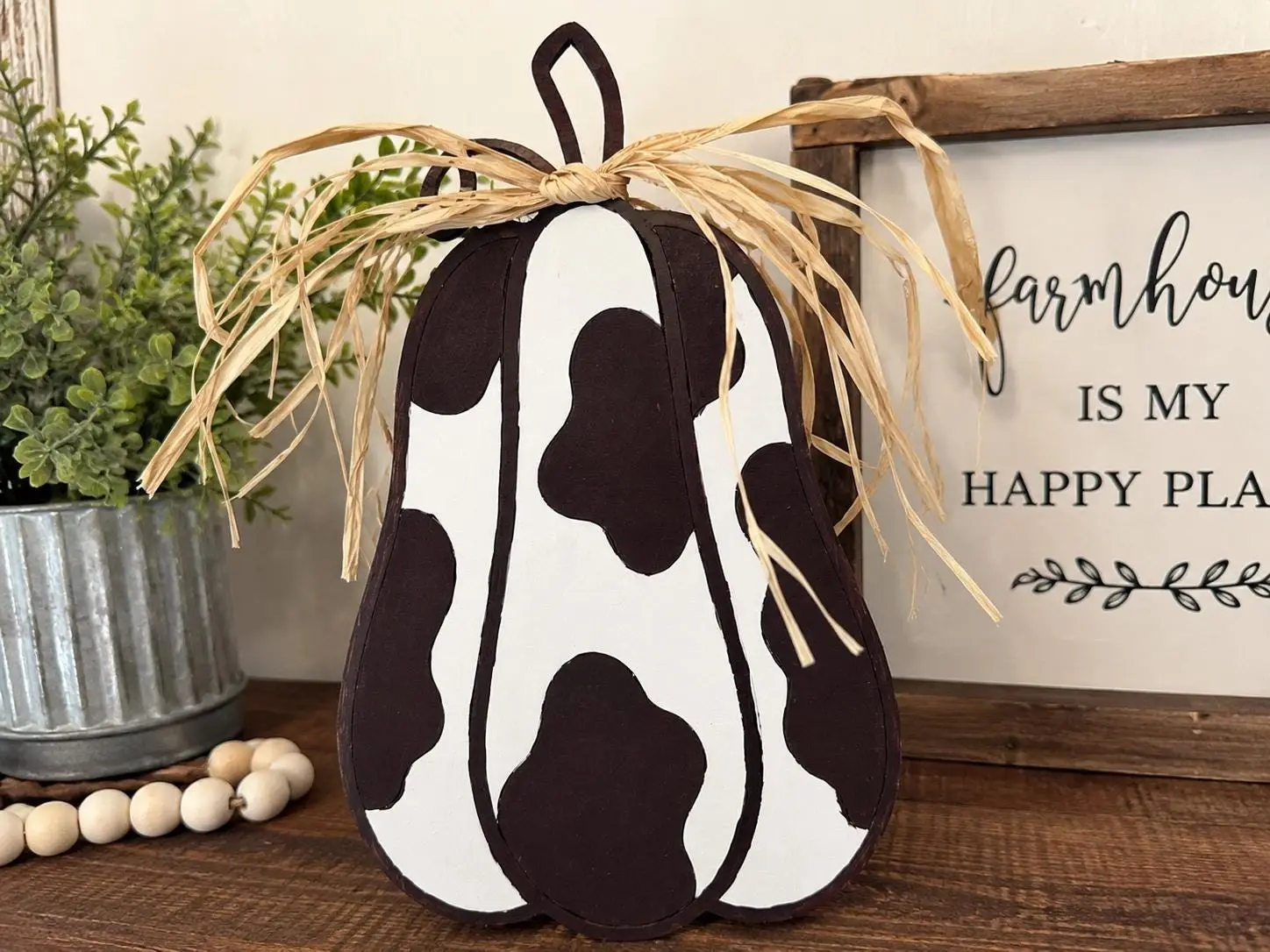 Hand-Painted Cow Print Pumpkin Shelf Sitter | Maple Plywood Farmhouse Fall Decor - Image 7