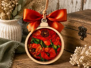 Red Poppy Suncatcher Ornament | Stained Glass Style Maple Wood Decor (3.75 Inch)