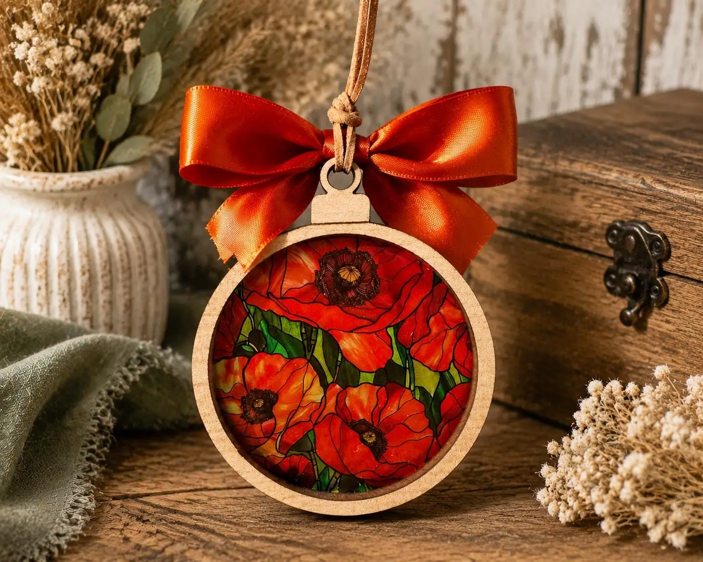 Red Poppy Suncatcher Ornament | Stained Glass Style Maple Wood Decor (3.75 Inch)