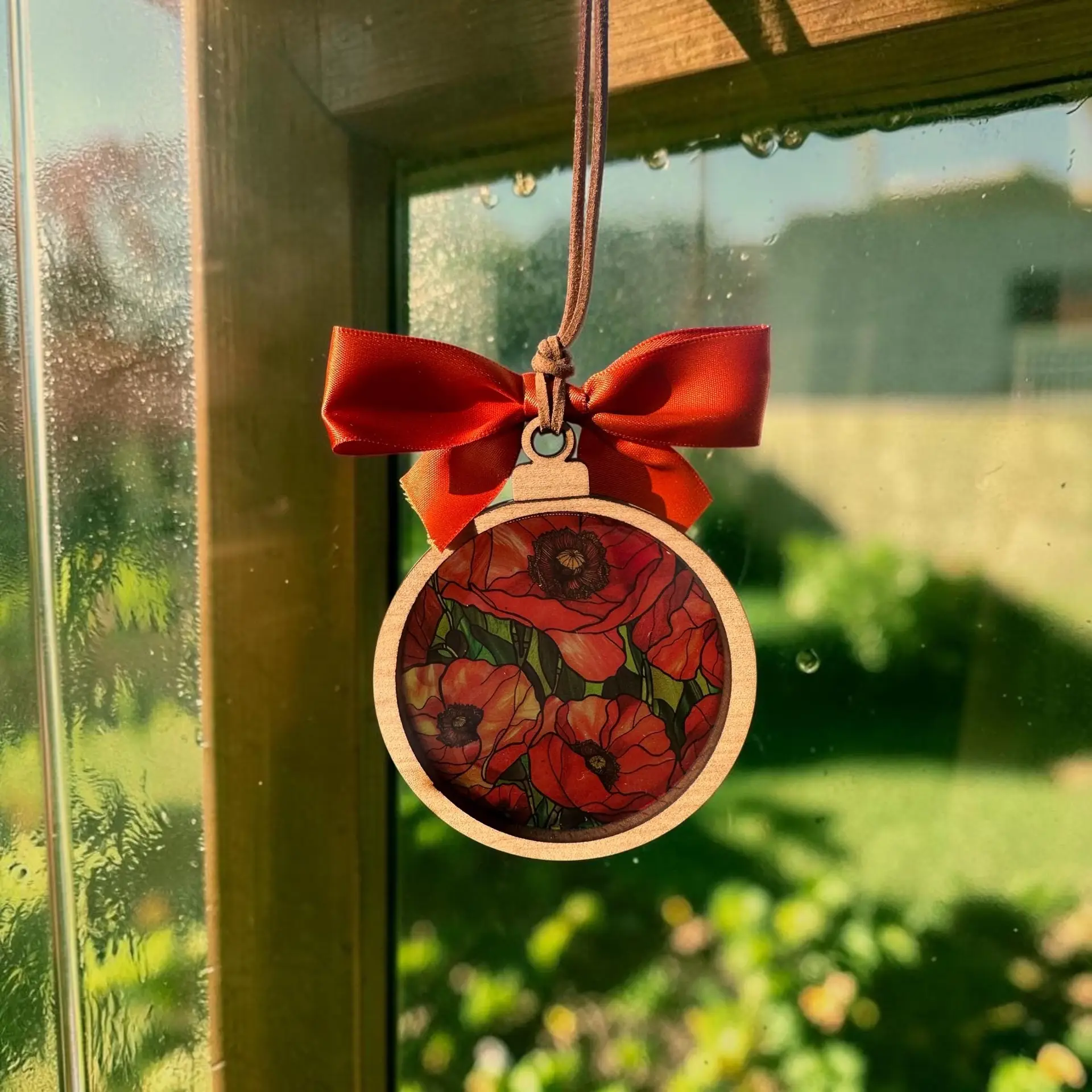 Red Poppy Suncatcher Ornament | Stained Glass Style Maple Wood Decor (3.75 Inch) - Image 10