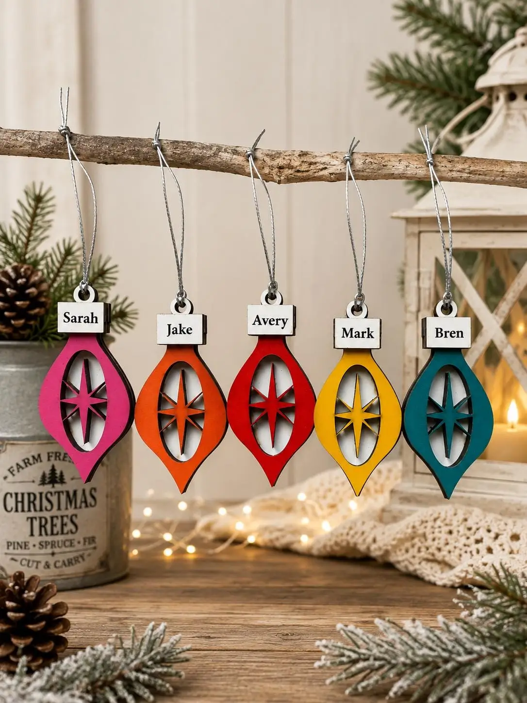 Personalized Retro Starburst Ornament, Hand Painted Maple Wood, Mid Century Christmas Decor