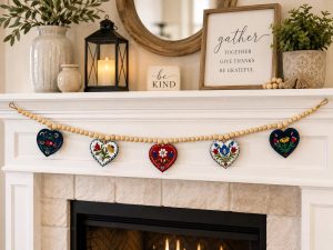 Folk Art Heart Garland, Hand Painted Wooden Beads, Farmhouse Mantel Decor