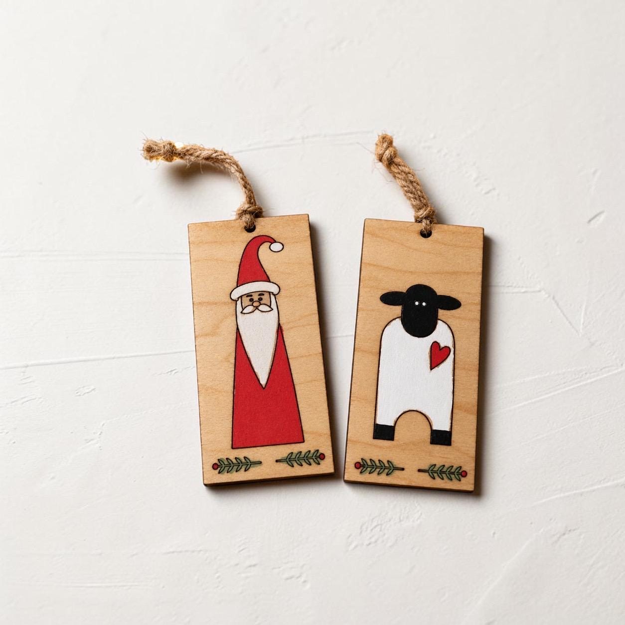 Primitive Wooden Santa & Sheep Ornaments – Rustic Folk Art Christmas Décor Set - Image 6
