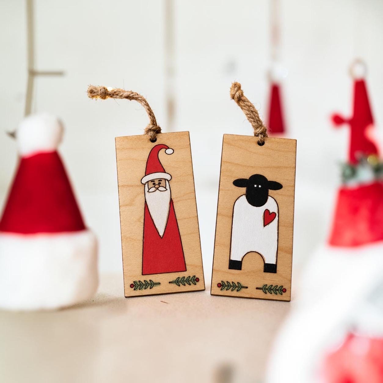Primitive Wooden Santa & Sheep Ornaments – Rustic Folk Art Christmas Décor Set - Image 8
