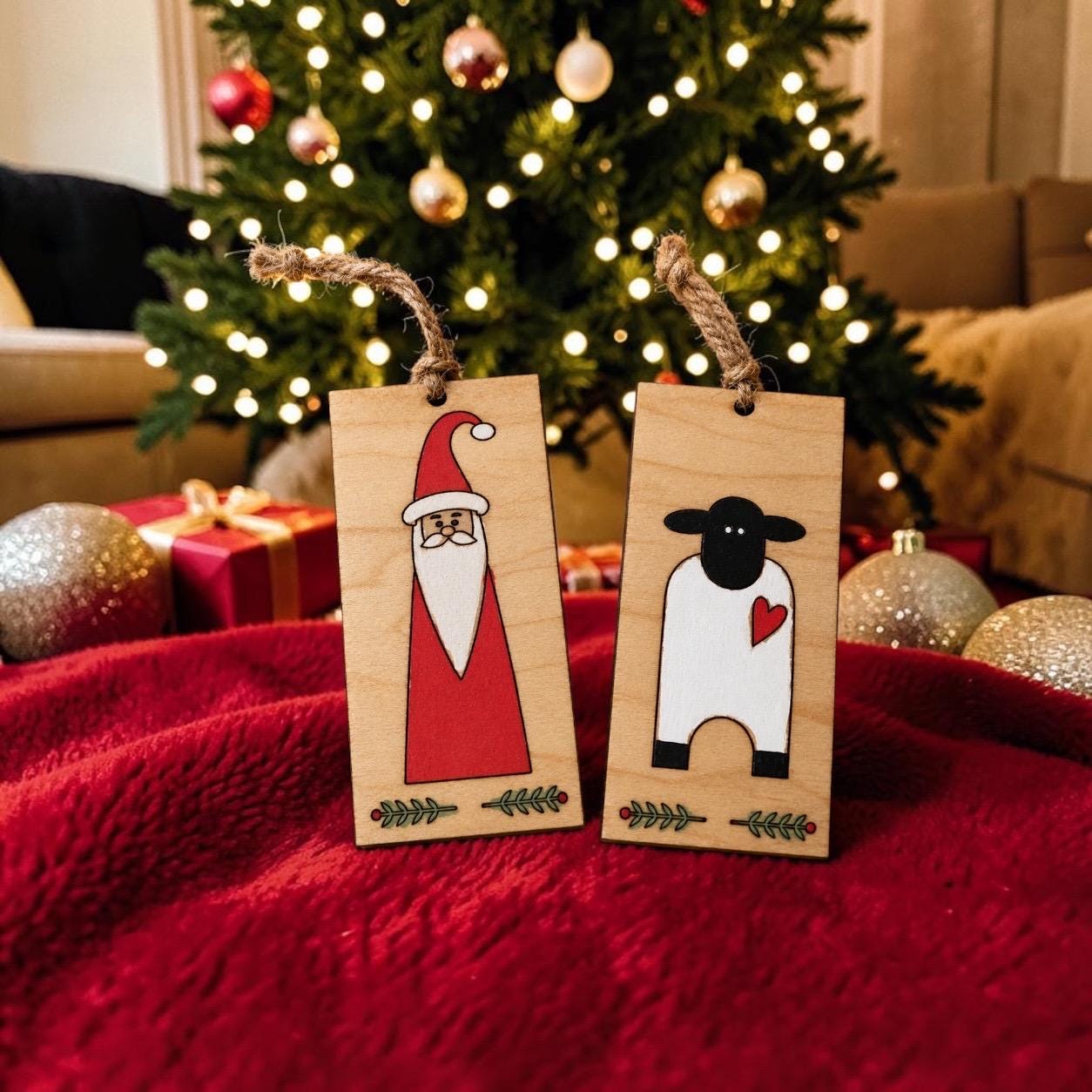 Primitive Wooden Santa & Sheep Ornaments – Rustic Folk Art Christmas Décor Set - Image 9