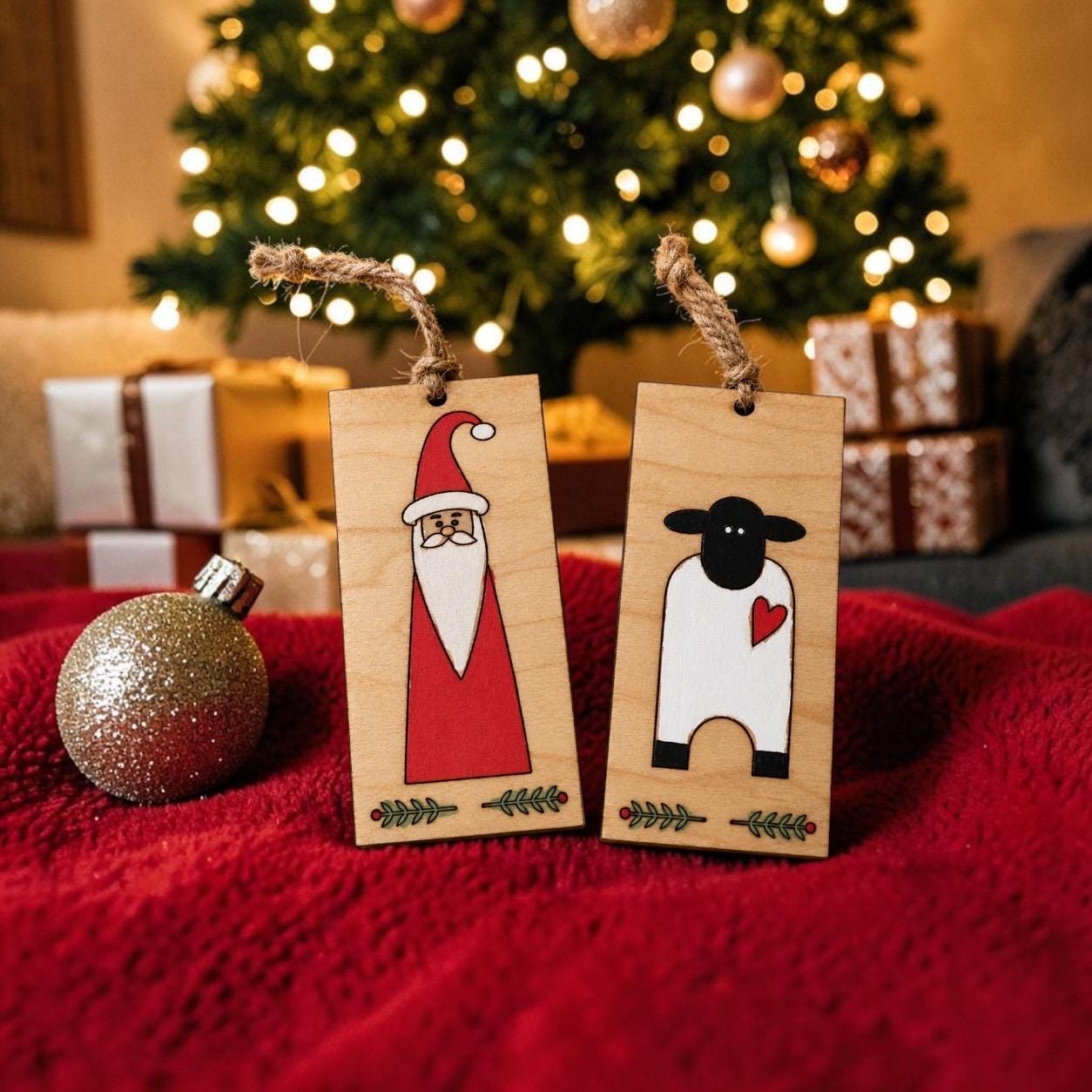 Primitive Wooden Santa & Sheep Ornaments – Rustic Folk Art Christmas Décor Set - Image 7