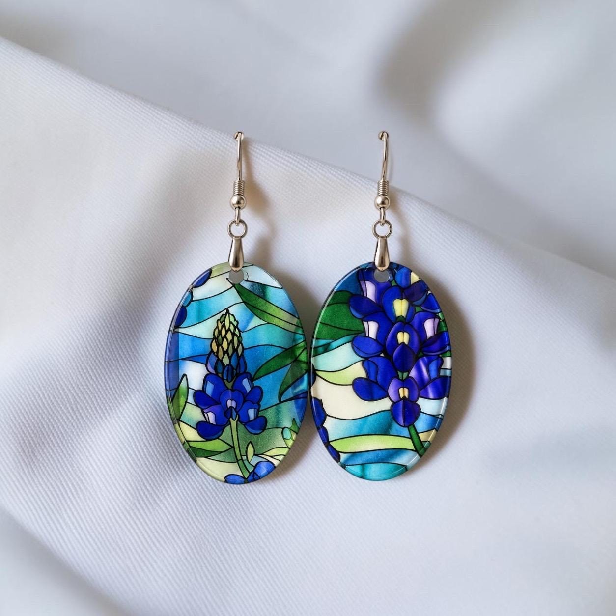 Bluebonnet Stain Glass Look Acrylic Earrings, 1.7-Inch Oval, Stainless Steel Hooks, Texas Floral Jewelry - Image 4