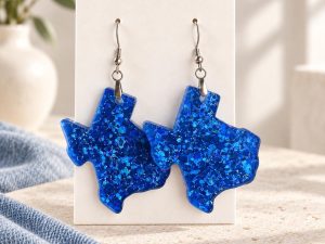 Blue Wave Coming, Glitter Acrylic Texas Earrings, Stainless Steel Hardware, 1.7 Inch Dangles