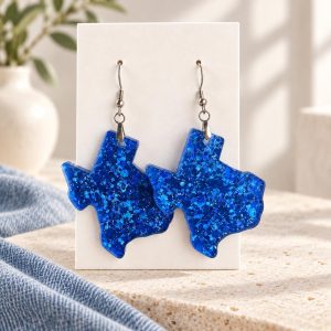 Blue Wave Coming, Glitter Acrylic Texas Earrings, Stainless Steel Hardware, 1.7 Inch Dangles