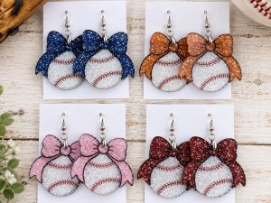 Glitter Baseball Bow Earrings, Acrylic Team Spirit Jewelry (1.7" Long)