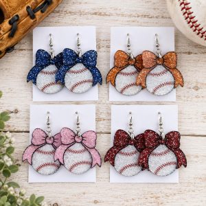 Glitter Baseball Bow Earrings, Acrylic Team Spirit Jewelry (1.7" Long)