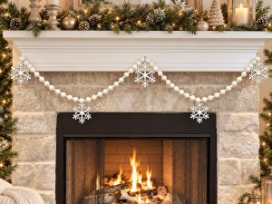 Handmade Snowflake Garland, White Felt Pom-Poms, Wood Beads, Rustic Christmas Mantel Decor