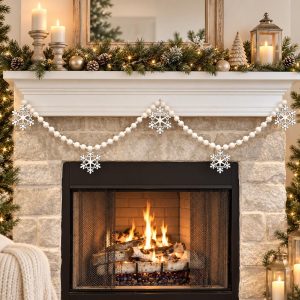 Handmade Snowflake Garland, White Felt Pom-Poms, Wood Beads, Rustic Christmas Mantel Decor