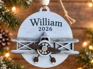 Personalized Hand-Painted MDF Wood Plane Ornament, First Solo Flight Gift (3.65" Diameter)