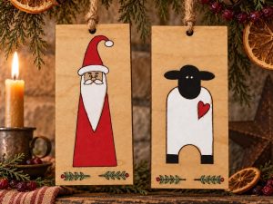 Primitive Wooden Santa & Sheep Ornaments – Rustic Folk Art Christmas Décor Set