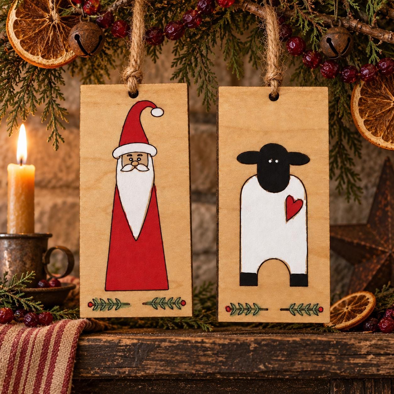Primitive Wooden Santa & Sheep Ornaments – Rustic Folk Art Christmas Décor Set