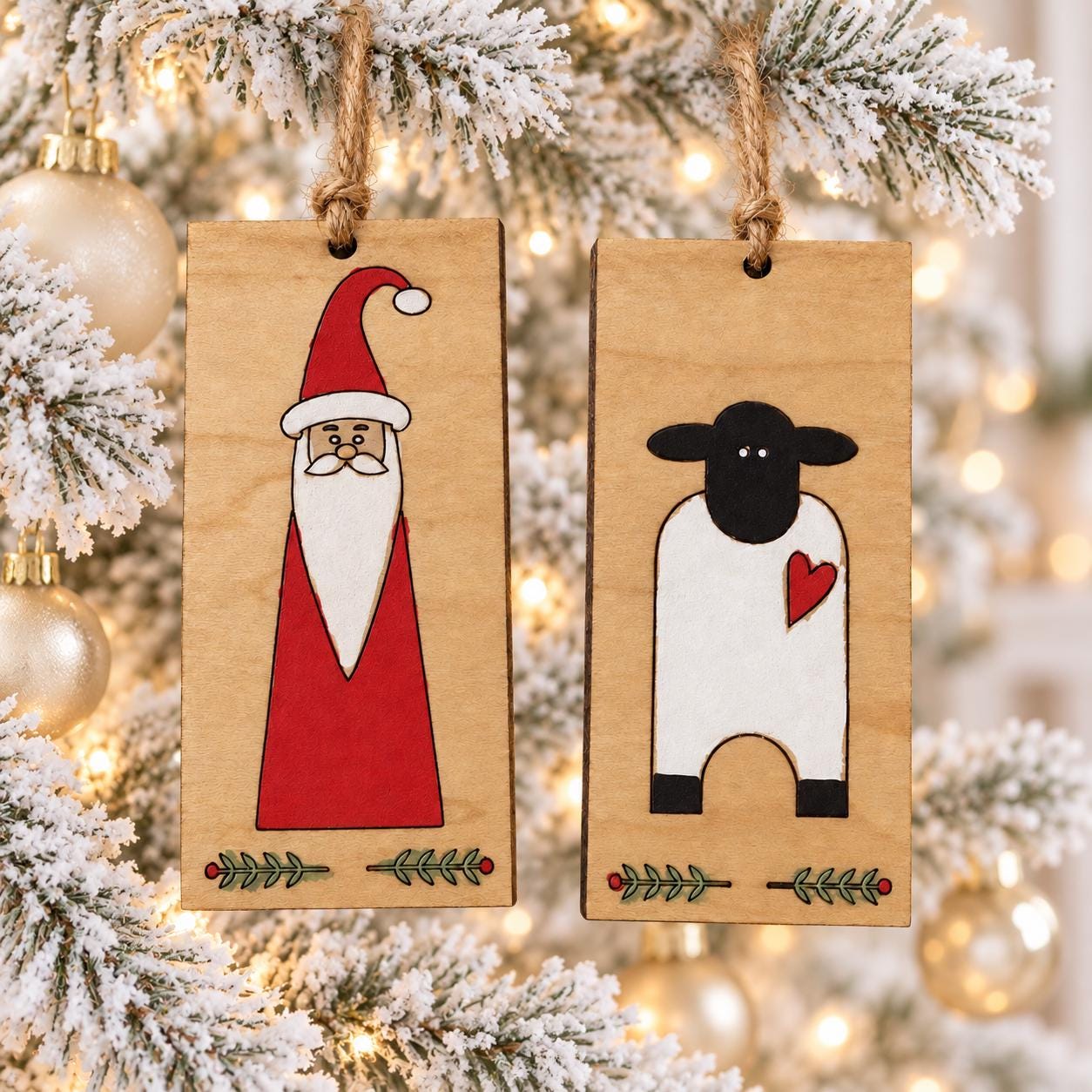 Primitive Wooden Santa & Sheep Ornaments – Rustic Folk Art Christmas Décor Set - Image 2