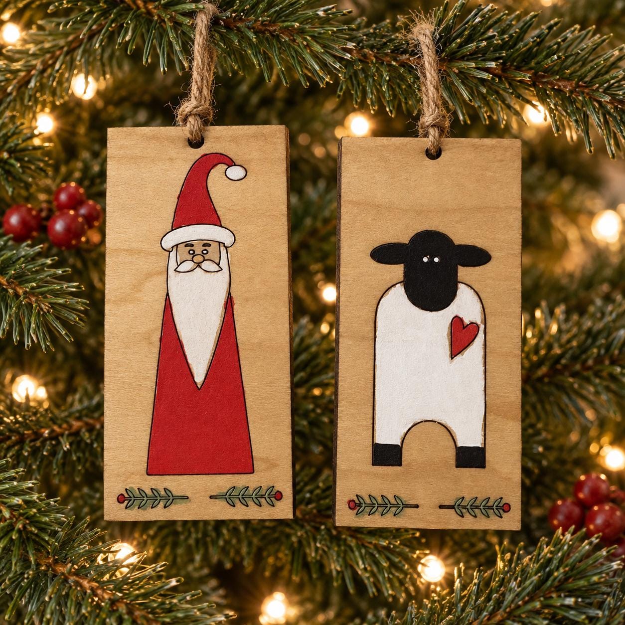 Primitive Wooden Santa & Sheep Ornaments – Rustic Folk Art Christmas Décor Set - Image 3