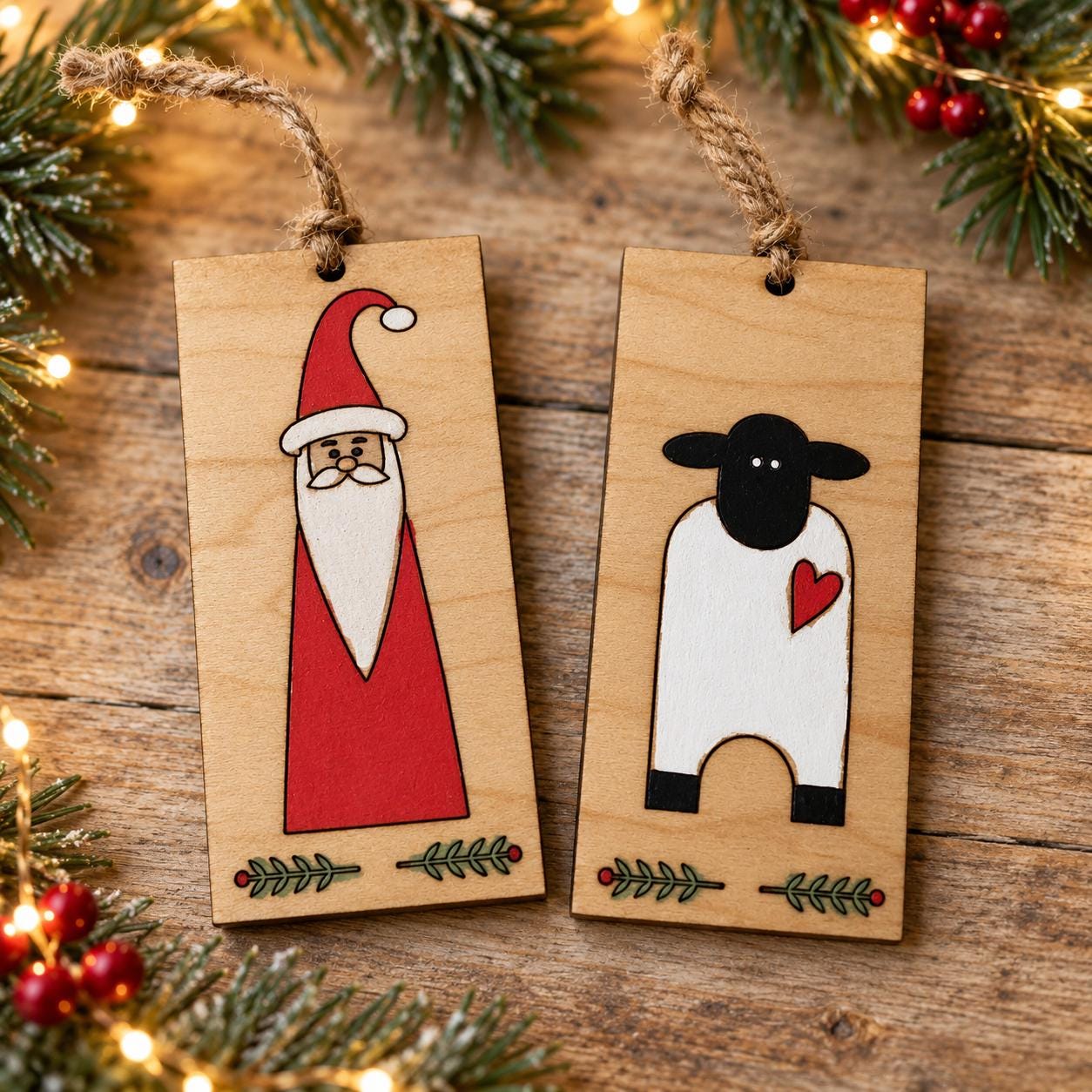 Primitive Wooden Santa & Sheep Ornaments – Rustic Folk Art Christmas Décor Set - Image 4