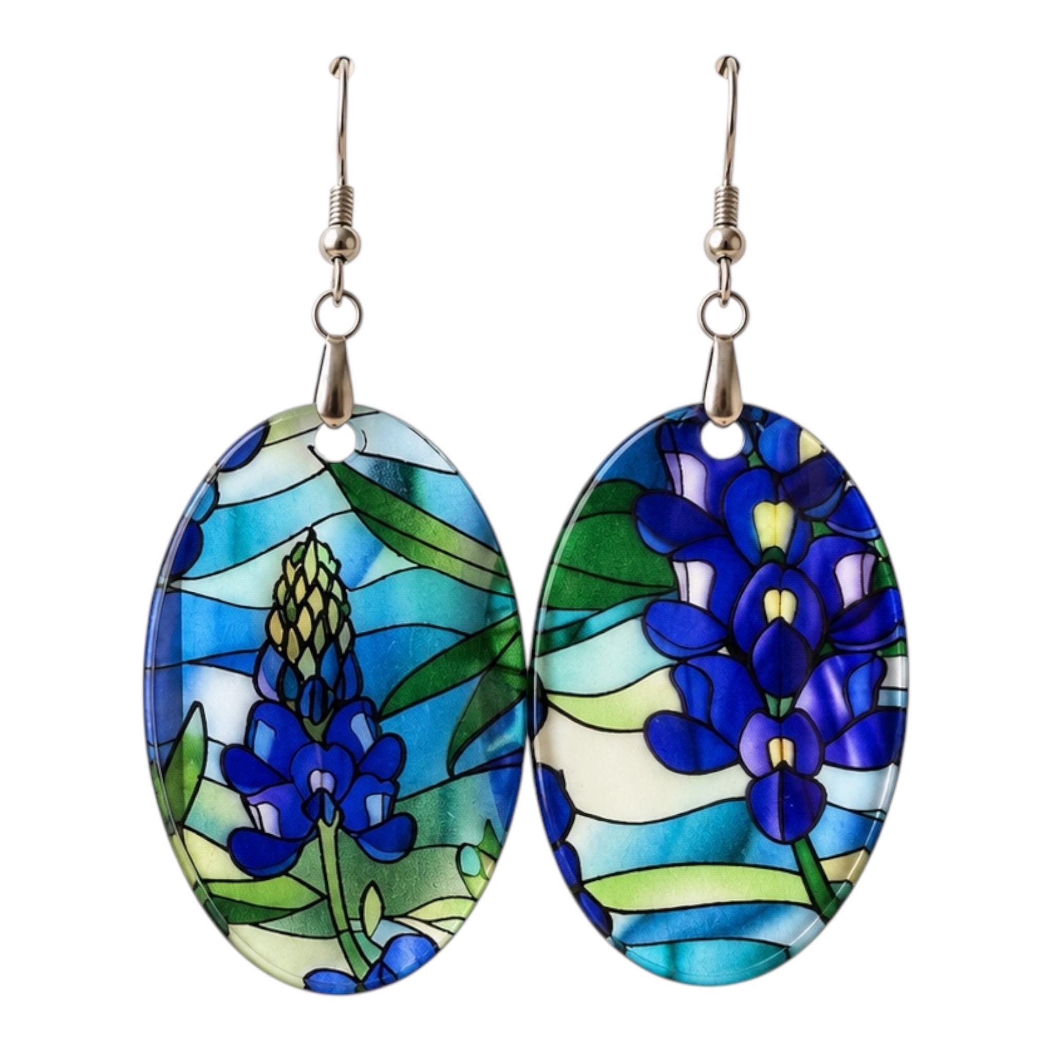 Bluebonnet Stain Glass Look Acrylic Earrings, 1.7-Inch Oval, Stainless Steel Hooks, Texas Floral Jewelry - Image 7