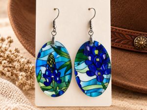 Bluebonnet Stained Glass Look Acrylic Earrings, 1.7-Inch Oval, Stainless Steel Hooks, Texas Floral Jewelry