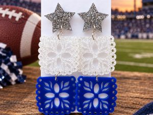 Cowboy Blue White Glitter Star Dangle Earrings, Football Fan Jewelry