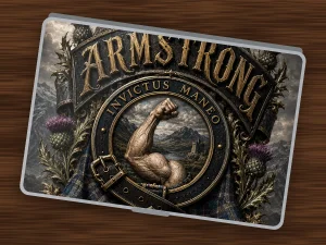 Clear MacBook Pro laptop case printed with the dark Armstrong family crest